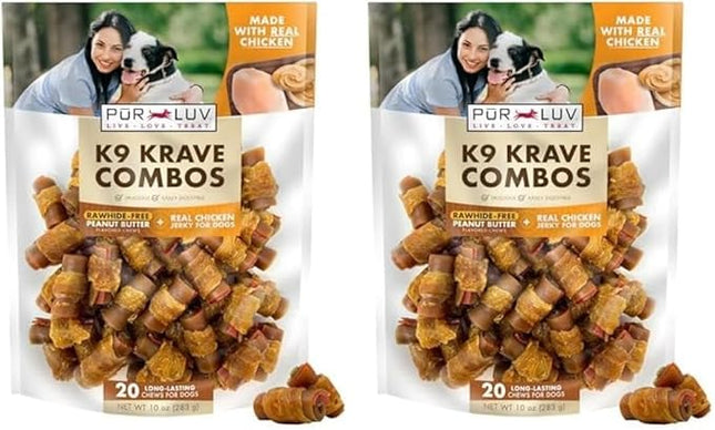 Pur Luv K9 Kraves Rawhide Free Bone Dog Treats, Peanut Butter and Chicken Flavor, Made with Peanut Butter and Chicken, Easily Digestible, Long Lasting, and High Protein Dog Treat, 20 Count (Pack of 2)