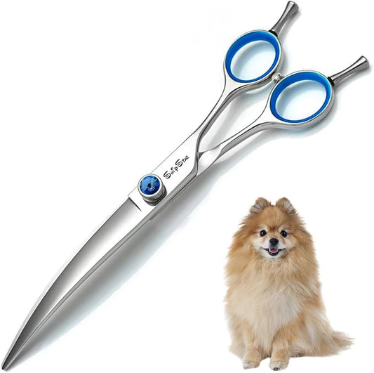 7.5in Curved Dog Scissors for Grooming, VG10 Steel Sharp Dog Grooming Scissors, 25 Degree Bend, with CNC Screw & Round Blunt Tip, Professional Pet Grooming Shears for Dogs Cats Groomer or Home Use