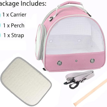 Bird Carrier, Portable Small Bird Parrot Parakeet Carrier with Standing Perch, Side Access Window Collapsible (Pink, Mesh Windows)