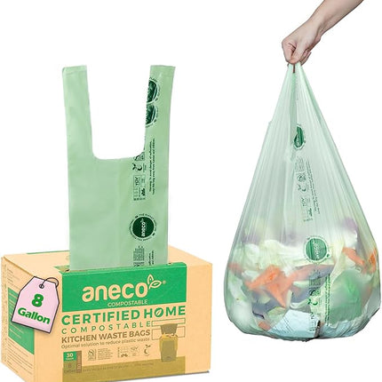 ANECO 8 Gallon Compostable Kitchen Food Waste Bags with Handles (30 Count), Leak-proof Compost Bags for Tall Kitchen Bin, Large 8 Gallon Bags Certified by BPI & OK Compost HOME