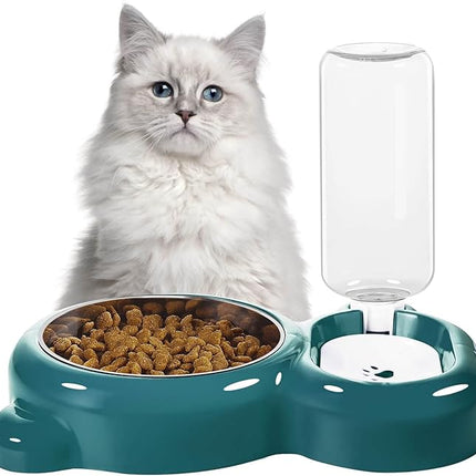 Dog Bowls, Cat Food and Water Bowl Set with Water Dispenser and Stainless Steel Bowl for Cats and Small Dogs - Dark Green