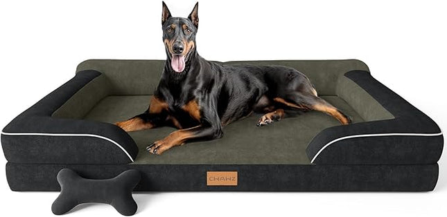 XXL Dog Bed for Extra Large Dogs, Giant Orthopedic Dog Bed with Cooling Gel Memory Foam, Waterproof Pet Bed with Removable Washable Cover, 53" Pet Sofa Bed Dutch Velvet with Bone Toy, Black