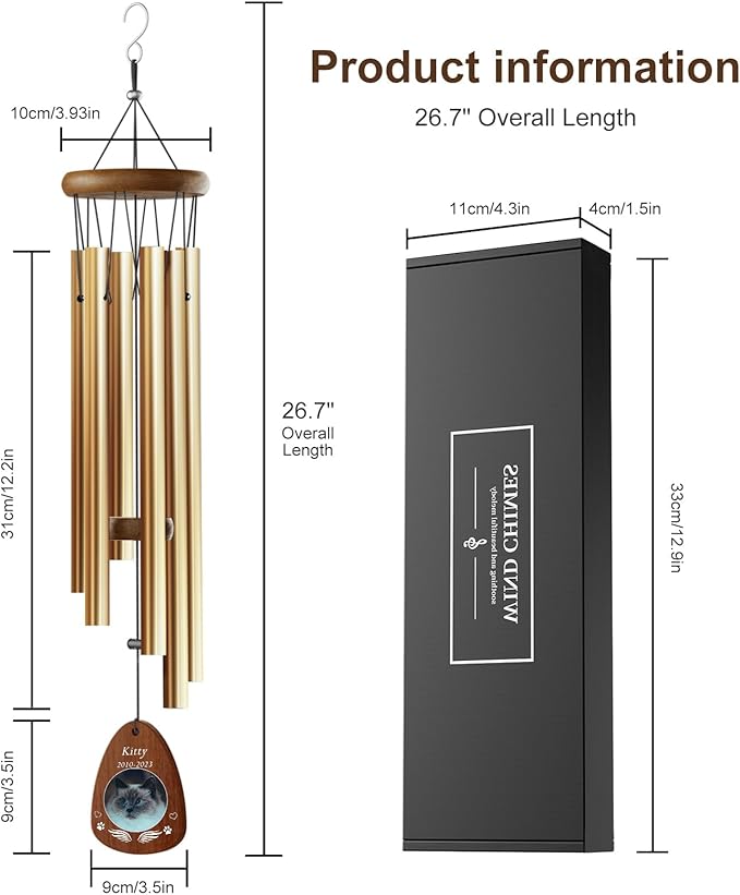 Personalized Pet Memorial Wind Chimes - Memorial Gift for Loss of Cat Custom Sympathy Gifts for Cat,Pet Remembrance Gift Wind Chimes for Outdoor by Bemaystar (Golden)