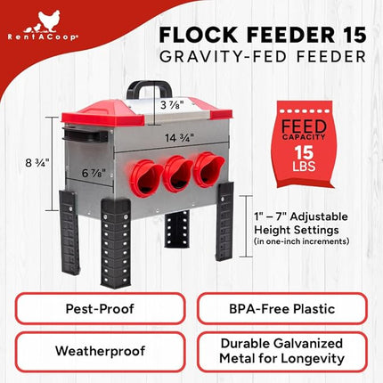 RentACoop Flock Feeder 15 Metal Chick2Chicken Feeder – Space-Saving Weatherproof Poultry Feeder with 6 Ports, Adjustable Legs, Rain Covers for Chicks, Chickens, Quail, Bantams, and Other Small Birds
