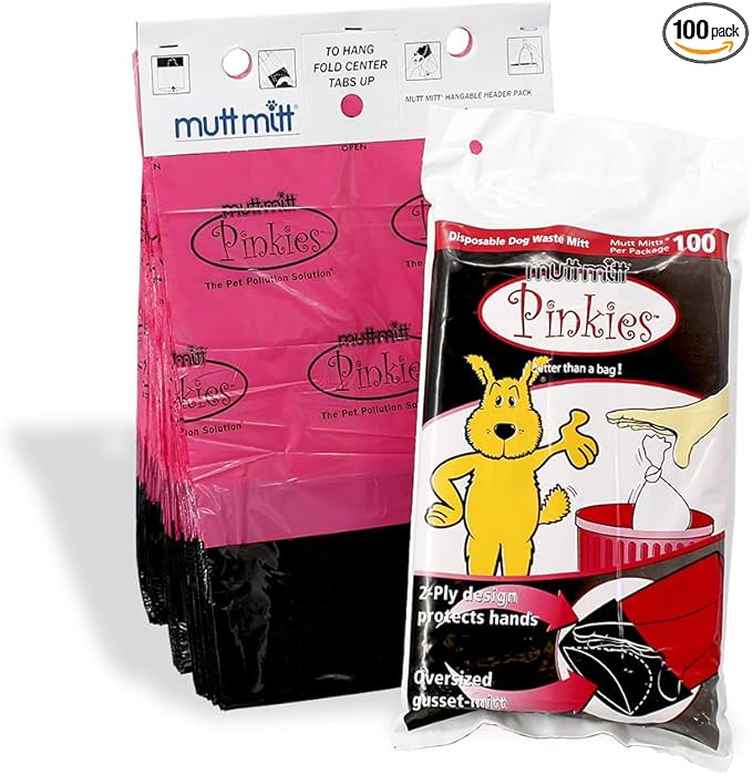 Mutt Mitt® Pinkies 2-Ply 100 Pink & Black Dog Waste Bags on 1 dog waste bag station header - 300% Thicker than mini roll dog waste bags - no more warm & yuck feeling