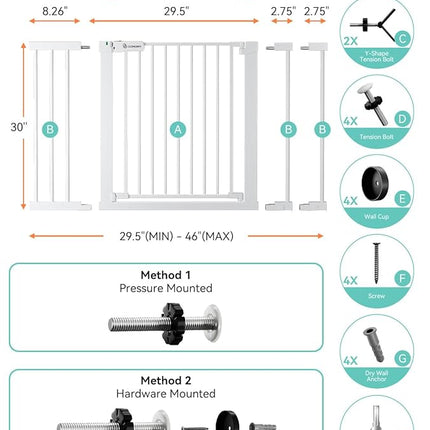COMOMY 30" Tall Baby Gate for Stairs Doorways, Fits Openings 29.5" to 46" Wide, Auto Close Extra Wide Dog Gate for House, Pressure Mounted Easy Walk Through Pet Gate with Door, White