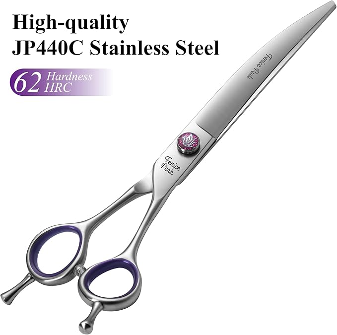 Fenice Peak 7'' Curved Dog Grooming Scissors with decorative screw Professional 440C Stainless Steel Metallic Pet Trimming Shears with Offset Handle Durable and Sharp