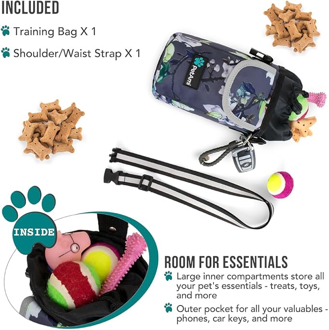 PetAmi Dog Treat Pouch, Large Pet Training Treat Pouch with Pocket, Dog Trainer Essentials Supply Holder with Poop Bag Dispenser, Training Bag for Kibbles Toys, 3 Ways to Wear (Floral Grey)