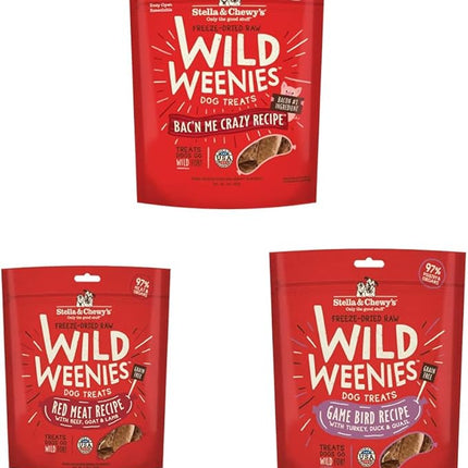 Stella & Chewy's Wild Weenies Dog Treats Small Bag 3 Pack Variety Bundle (Bacon, Red Meat & Gamebird)