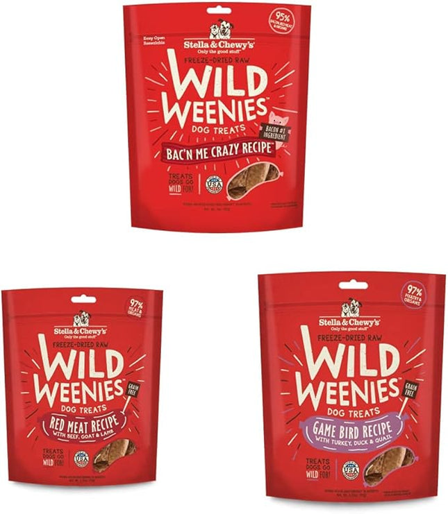 Stella & Chewy's Wild Weenies Dog Treats Small Bag 3 Pack Variety Bundle (Bacon, Red Meat & Gamebird)