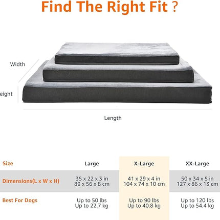 Amazon Basics Dog Bed with Cooling Gel Memory Foam, Pressure-Relief Support for Dogs up to 90lbs, Non-Slip Bottom, Machine Washable Cover, Extra Large Sized (41" x 29"), Grey