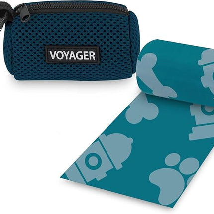 Best Pet Supplies Dog Poop Bag Holder Leash Attachment with 15 Bags, Blue, Reusable Mesh Dispenser Pouch for Travel, Walking, Park, and Outdoor Use, Soft and Durable with Clip-On