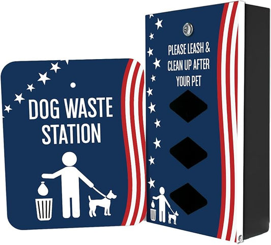 Dispense-Art™ Collection Stars and Stripes - Custom UV Printed Design on Rust-Proof Aluminum Starter Dog Waste Station/roll Bag System - Includes 400 Dog Waste Bags & 10x12 Sign
