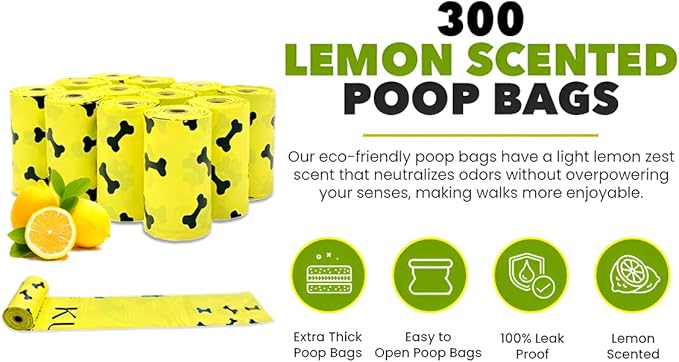 Dog Poop Bag Rolls - 300 Bags - Lemon Scented Compostable Puppy Poop Bags - Corn Starch Blend - Biodegradable & Leak Proof Extra Thick Dog Waste Bags - Poop Bags for Dogs Pet Supplies