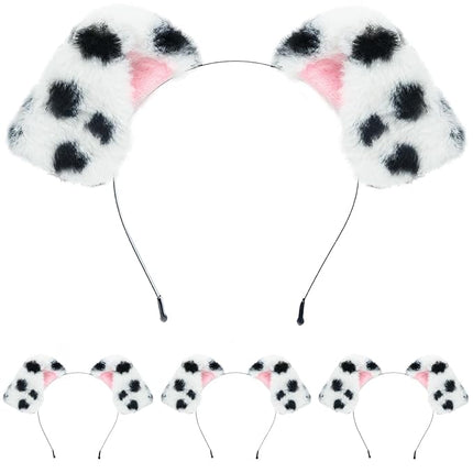 Beviliu 4 Pack Animals Ear Realistic Dalmatian Dog Ears Headband Fluffy Cat Bunny Pig Hairband Halloween Christmas Costume for Washing Makeup Cosplay Party