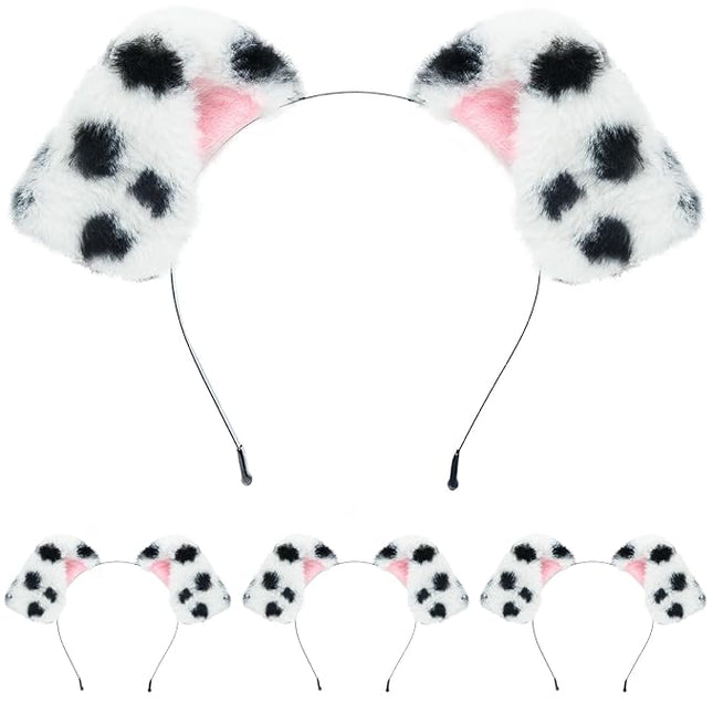 Beviliu 4 Pack Animals Ear Realistic Dalmatian Dog Ears Headband Fluffy Cat Bunny Pig Hairband Halloween Christmas Costume for Washing Makeup Cosplay Party