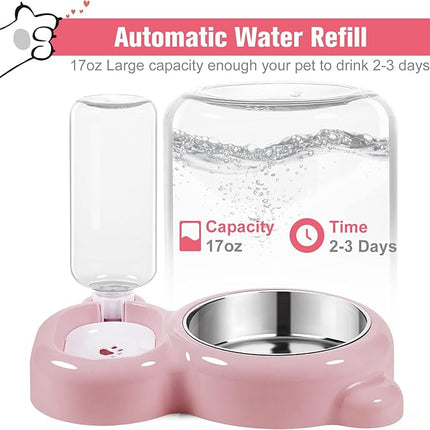 Dog Bowls, Cat Food and Water Bowl Set with Water Dispenser and Stainless Steel Bowl for Cats and Small Dogs - Pink