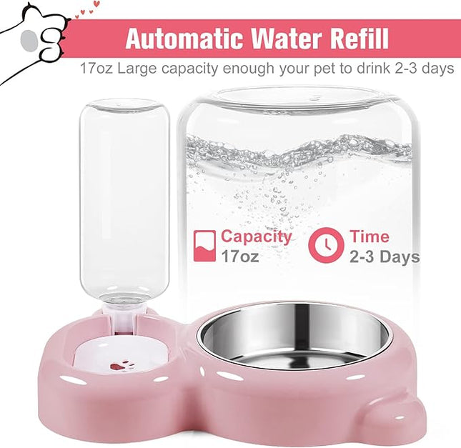 Dog Bowls, Cat Food and Water Bowl Set with Water Dispenser and Stainless Steel Bowl for Cats and Small Dogs - Pink