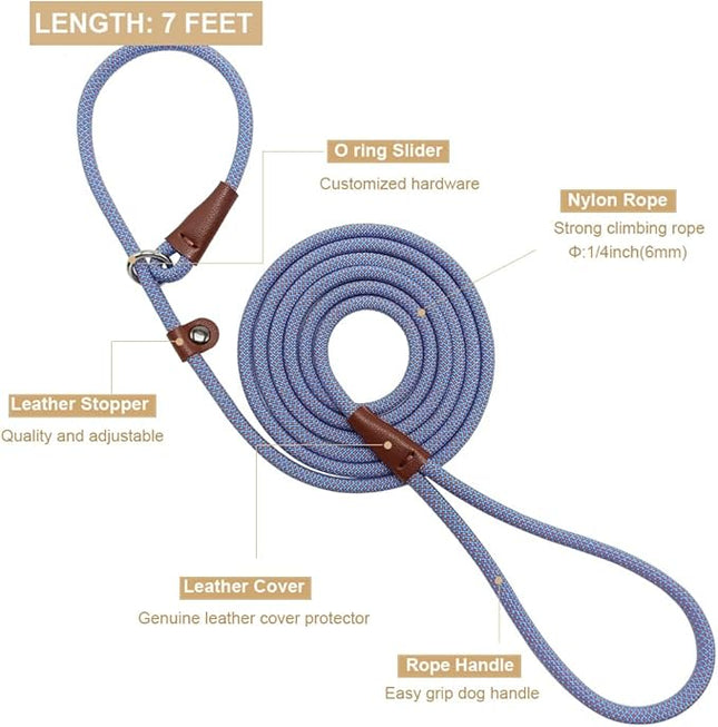 BTINESFUL 7ft Slip Lead Dog Leash, Strong Nylon Rope Leash, 1/4" Dog Training Lead for Small Medium Dogs, 14+ Colors