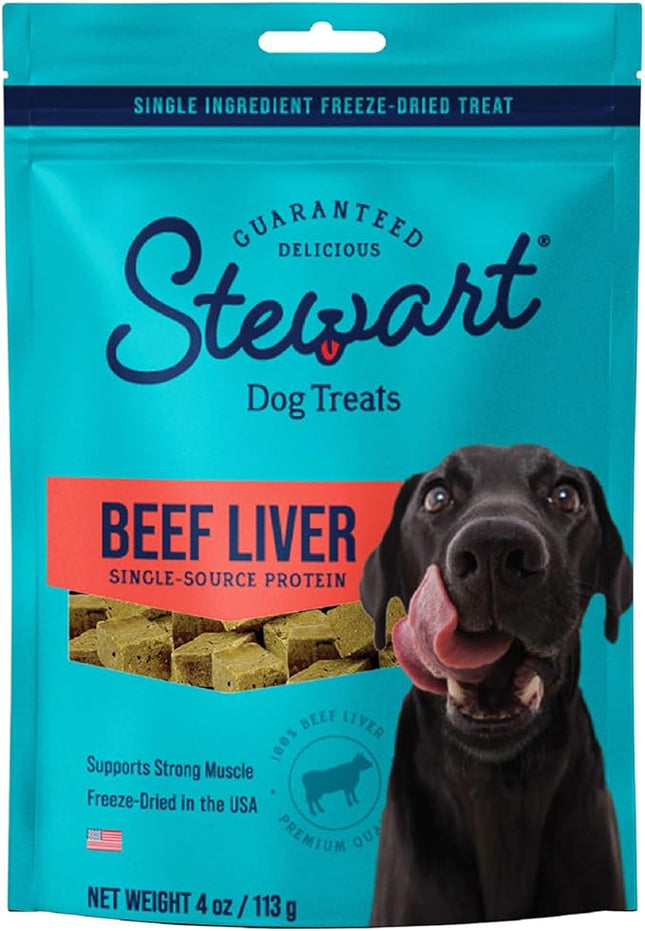 Stewart Beef Liver Dog Treats, 4 oz, ~90 Pieces, Freeze Dried Raw, Single Ingredient, 50% Protein Training Treats or Meal Topper in a Resealable Pouch, Grain Free, Gluten Free