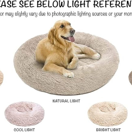 Friends Forever Donut Dog Bed Faux Fur Fluffy Calming Sofa For Large Dogs, Soft & Plush Anti Anxiety Pet Couch For Dogs, Machine Washable Coco Pet Bed with Non-Slip Bottom, 36"x36"x8" Tan