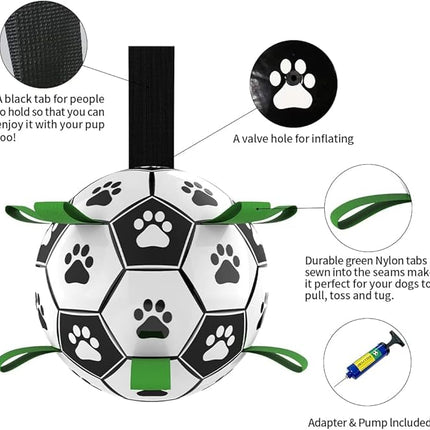 QDAN Dog Soccer Balls Toy with Bell Inside, Outdoor Interactive Dog Toys, Durable Ropes Squeaky Ball for Medium Large Dogs (8 Inch)