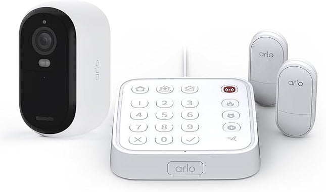 Arlo Home Security System - Wired Keypad Sensor Hub, (2) 8-in-1 Sensors, 24/7 Professional Monitoring + Outdoor 2K (1 Cam) + Bundle - No Contract Required, Alarm System for Home Security