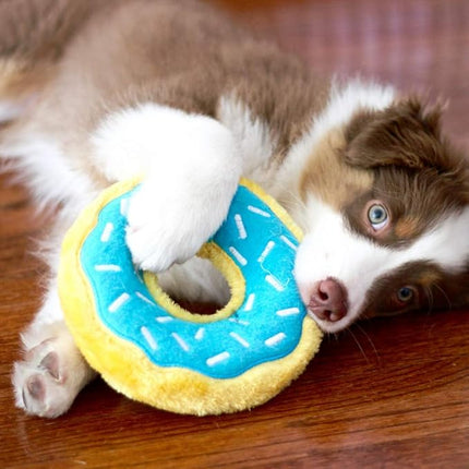 ZippyPaws Donutz - No Stuffing Dog Toys to Keep Them Busy, for Small and Medium Dogs, Squeaky Pet Toy for Boredom, Unstuffed Chew Toy, Soft Plush Puppy Products, Funny Food Toy - Blueberry Donut