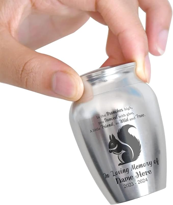 Artsy Woodsy Squirrel Memorial Mini Urn for Human Ashes Keepshake, Decorative Keepsake Urn with Engraved Squirrel 2.56 inch, Small Memorial Gifts for Pet Lovers (01, 2.56x1.77)