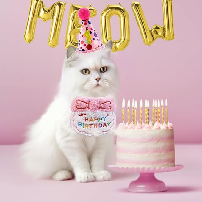 Cat Birthday Hat Decoration & Outfit Set - Adjustable Party Hat with Numbers, Bandana Bow Tie & Balloon Supplies for Cat Costume Photo Shoots (Pink)
