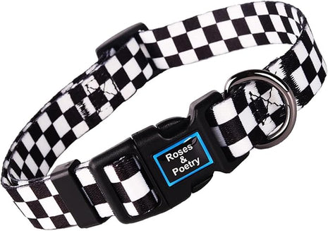 Roses&Poetry Dog Collar with Colourful Checkered Patterns, Adjustable Durable Puppy Collars for Small Medium Large Dogs (Black & White-M)