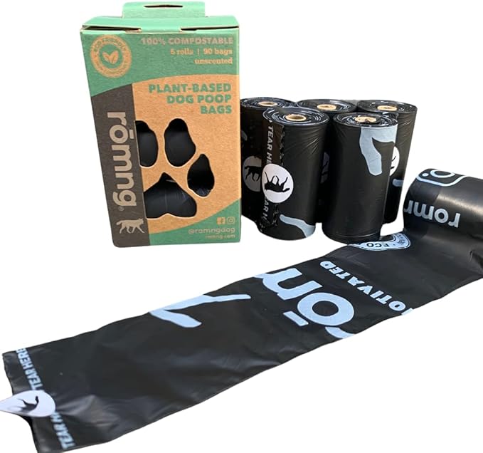 Compostable Dog Poop Bags, Plant-Based, TUV Certified, Unscented, Leak-Proof, 12 Rolls, 180 Bags, Black