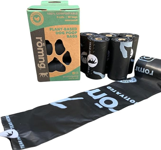 Compostable Dog Poop Bags, Plant-Based, TUV Certified, Unscented, Leak-Proof, 12 Rolls, 180 Bags, Black