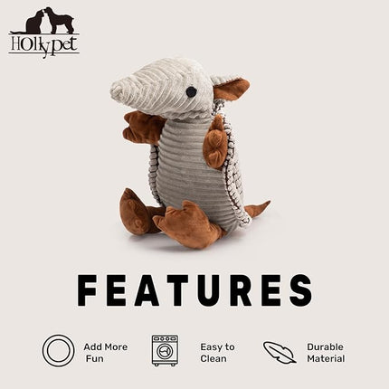 Hollypet Plush Dog Squeaky Toy Stuffed Armadillo Animal Pet Puppy Chew Toys with Clean Teeth for Small Medium Large All Breed Sizes Dogs, Gray Large, 14 in