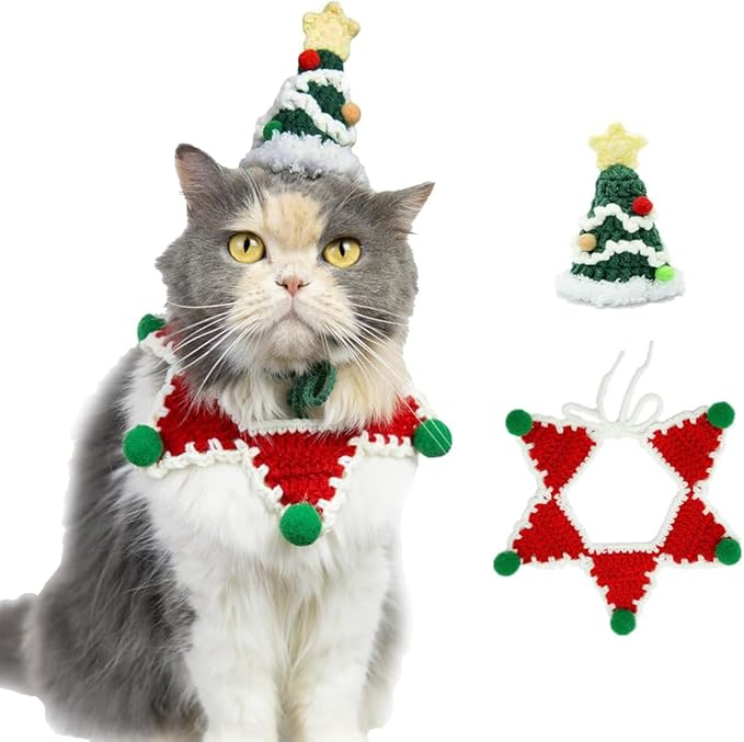 Christmas Cat Costume,Handmade Dog Outfit with Christmas Tree Cat Hat,Knitted Dog Bandana,Adjustable Fit Five-Pointed Star Clothes,Gifts for Dogs