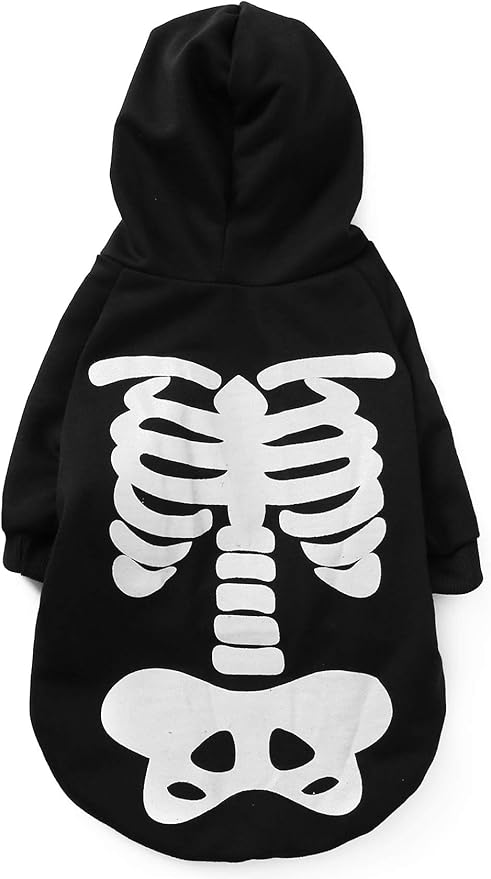 Halloween Pet Dog Cat Skull Hoodies Glowing Skeleton Bones Costume Outfit for Dogs Cats (M)