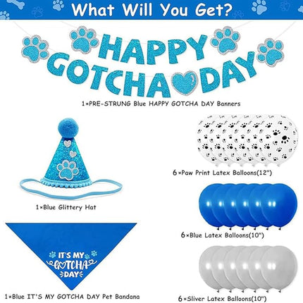 Happy Gotcha Day Dog Bandana- Dog Birthday Party Supplies Boy Girl Gotcha Day Triangle Scarf with Hat Banners Balloons It’s My Gotcha Day Bibs Adoption Party Decor for Small Large Dogs-Blue