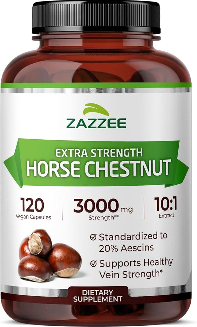 Zazzee Extra Strength Horse Chestnut 10:1 Extract, 3000 mg Strength, 20% Aescins, 4 Month Supply, 120 Vegan Capsules, Concentrated and Standardized 10X Extract, All-Natural, Non-GMO, Made in The USA