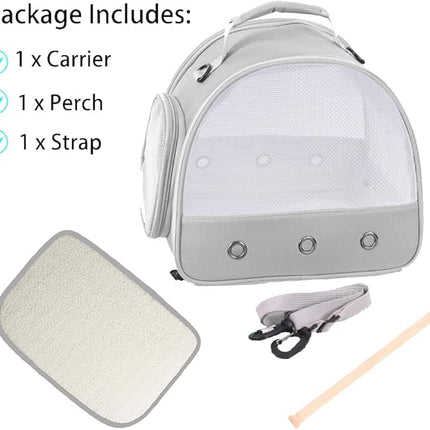 Bird Carrier, Portable Small Bird Parrot Parakeet Carrier with Standing Perch and Soft Support Mat, Side Access Window Collapsible (Grey, Mesh Windows)
