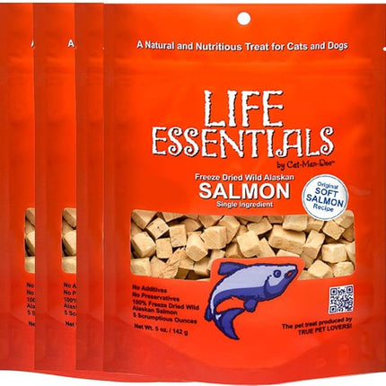 LIFE ESSENTIALS BY CAT-MAN-DOO All Natural Freeze Dried Wild Alaskan Salmon Treats for Cats & Dogs - Single Ingredient Grain Free Snack with No Additives or Preservatives, 5 Ounce Bag - 4 Pack