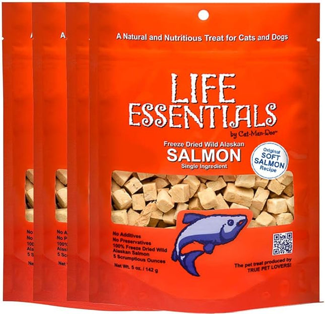 LIFE ESSENTIALS BY CAT-MAN-DOO All Natural Freeze Dried Wild Alaskan Salmon Treats for Cats & Dogs - Single Ingredient Grain Free Snack with No Additives or Preservatives, 5 Ounce Bag - 4 Pack