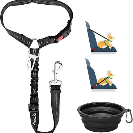 Lukovee Dog Car Seat Belt, 2 Pack Headrest Restraint Seatbelt, Adjustable Pet Safety Leads with Reflective Elastic Bungee for Dog Harness Collar Travel Daily Use (Black,Headrest + Clip + 1 Bowl)