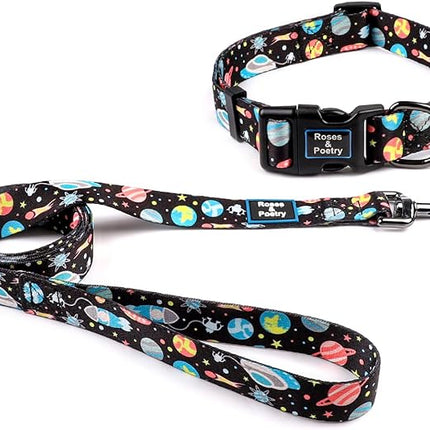 Roses&Poetry Dog Collar and Leash for Medium Large,Adjustable Durable Blue 5ft Puppy Leash Collar for Dog Training Lead（Star-L）