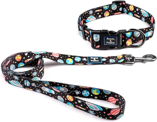 Roses&Poetry Dog Collar and Leash for Medium Large,Adjustable Durable Blue 5ft Puppy Leash Collar for Dog Training Lead（Star-L）