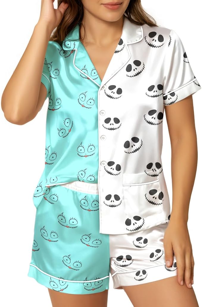 Women’s Silk Satin Pajama Set, Short Sleeve Button Down 2 Piece PJs with Shorts, Cozy Loungewear & Matching Holiday Pajamas