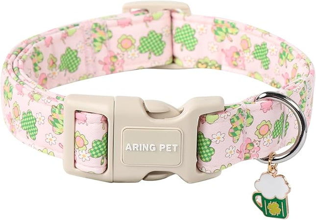 ARING PET St Patrick's Day Dog Collar-Cute Pink Clovers Dog Collars, Adjustable Shamrock Pet Collars Trefoil Puppy Collar with Quick Release Buckle for Girl&Boy Dogs