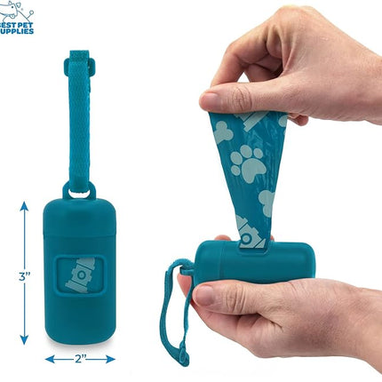 Best Pet Supplies Dog Poop Bag Holder Leash Attachment with 30 Bags, Reusable Dispenser for Travel, Walking, Park, and Outdoor Use, Durable with Clip-On - Turquoise, Pack of 2