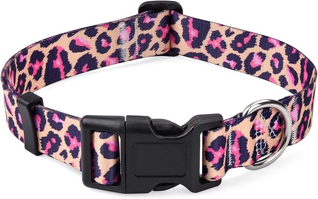 Dog Collar with Bohemia Floral Tribal Geometric Patterns - Soft Ethnic Style Collar Adjustable for Small Medium Large Dogs(Pink Leopard,S)