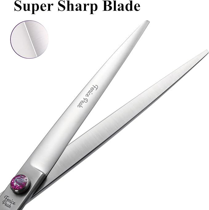 Fenice Peak 8'' Straight Dog Grooming Scissors with Decorative Screw Professional 440C Stainless Steel Metallic Pet Trimming Shears with Offset Handle Durable and Sharp