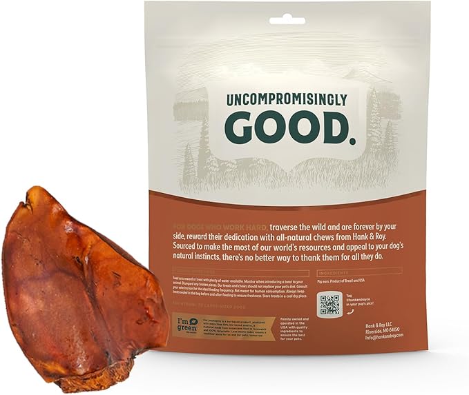 Hank & Roy Pig Ears for Dogs, All-Natural, Single-Ingredient, Long Lasting, Easily Digestible Whole Pig Ear Dog Treats, Antibiotic and Hormone Free, Individually Wrapped for Odor Control and Freshness
